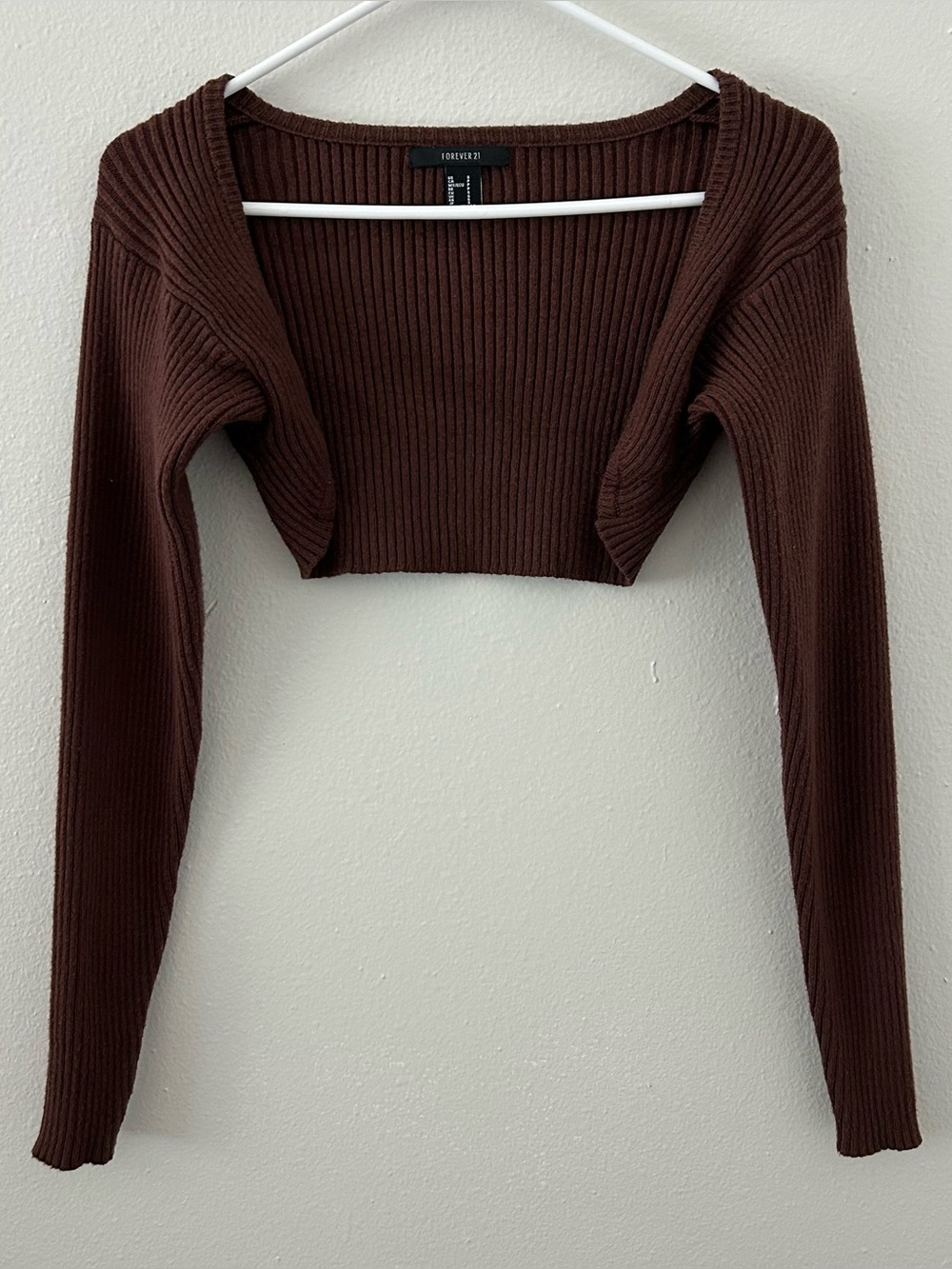 Y2K Forever 21 Brown Ribbed Cropped Cardigan Shrug Sweater S Long Sleeve Bolero